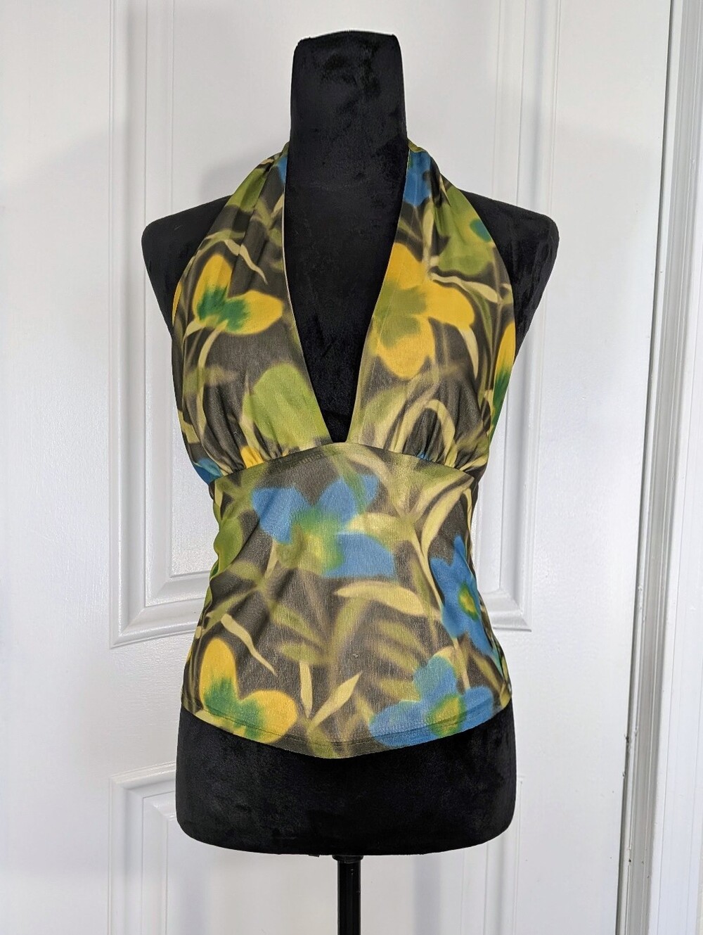 Vintage Brandenburg Floral Halter Tie Top in Yellow, Turquoise & Olive. S